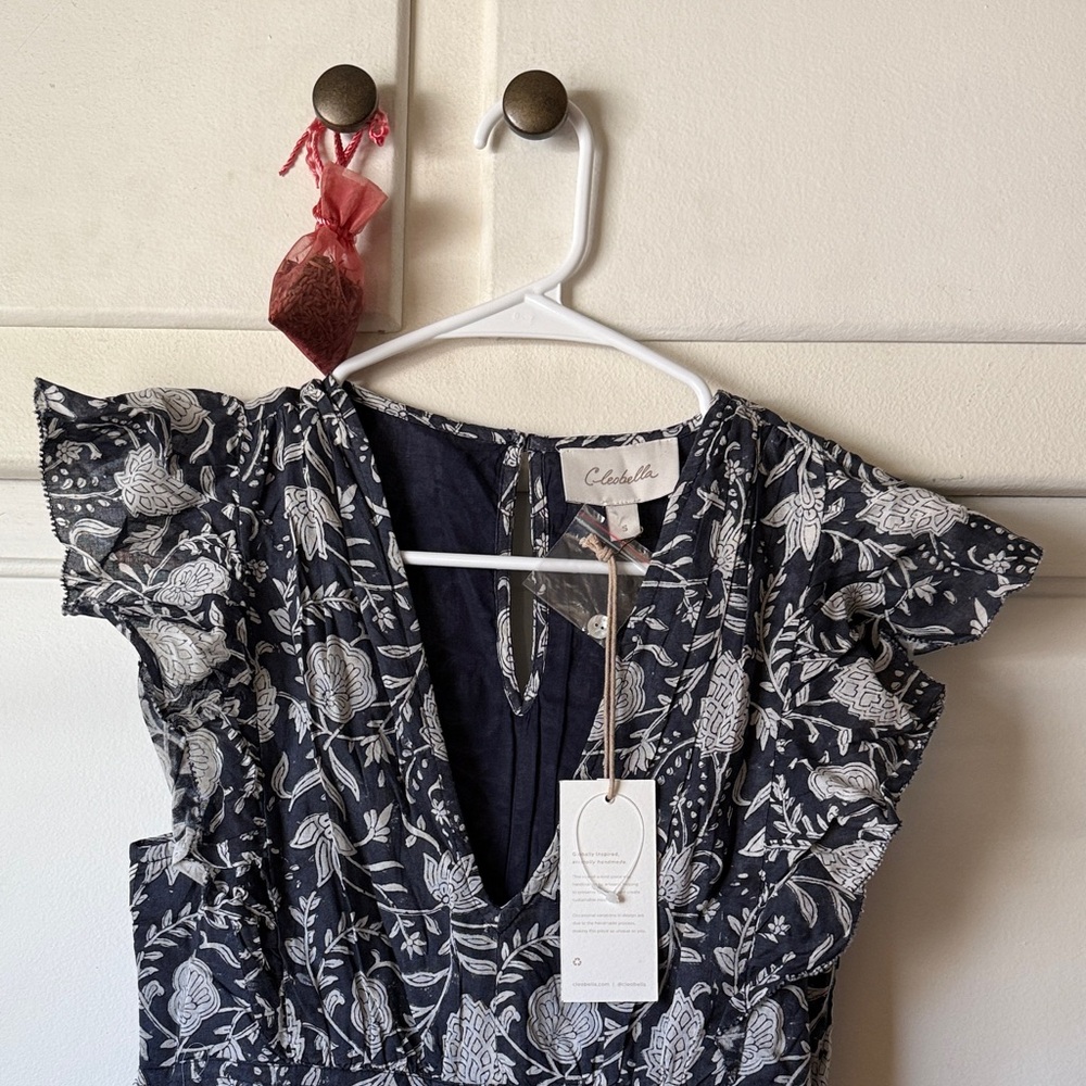 Cleobella Black Floral Midi Dress with Ruffle Sleeves